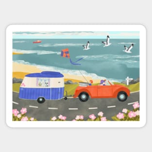 Family Road Trip in a Vintage Car and Caravan Sticker